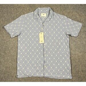 Folk Comet Embroidered Camp Shirt Mens L Blue Viscose Linen Blend NWT